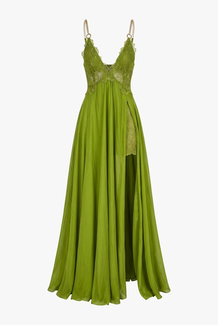 Les Bourdelles Des Garcons Green Satin Gown with Chain Straps. Size US 4. 