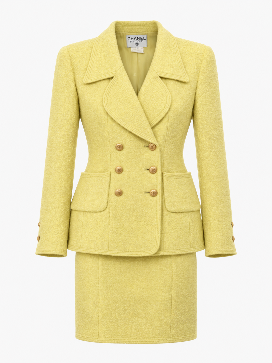 Chanel Cruise 1996 Double-Breasted Yellow Tweed Skirt Suit. Size US 10.