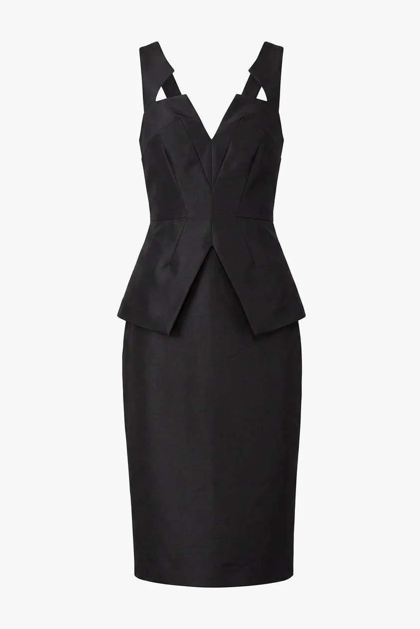 Cushnie Et Ochs Spring 2012 runway look 2. Black, structured silk faille midi dress.