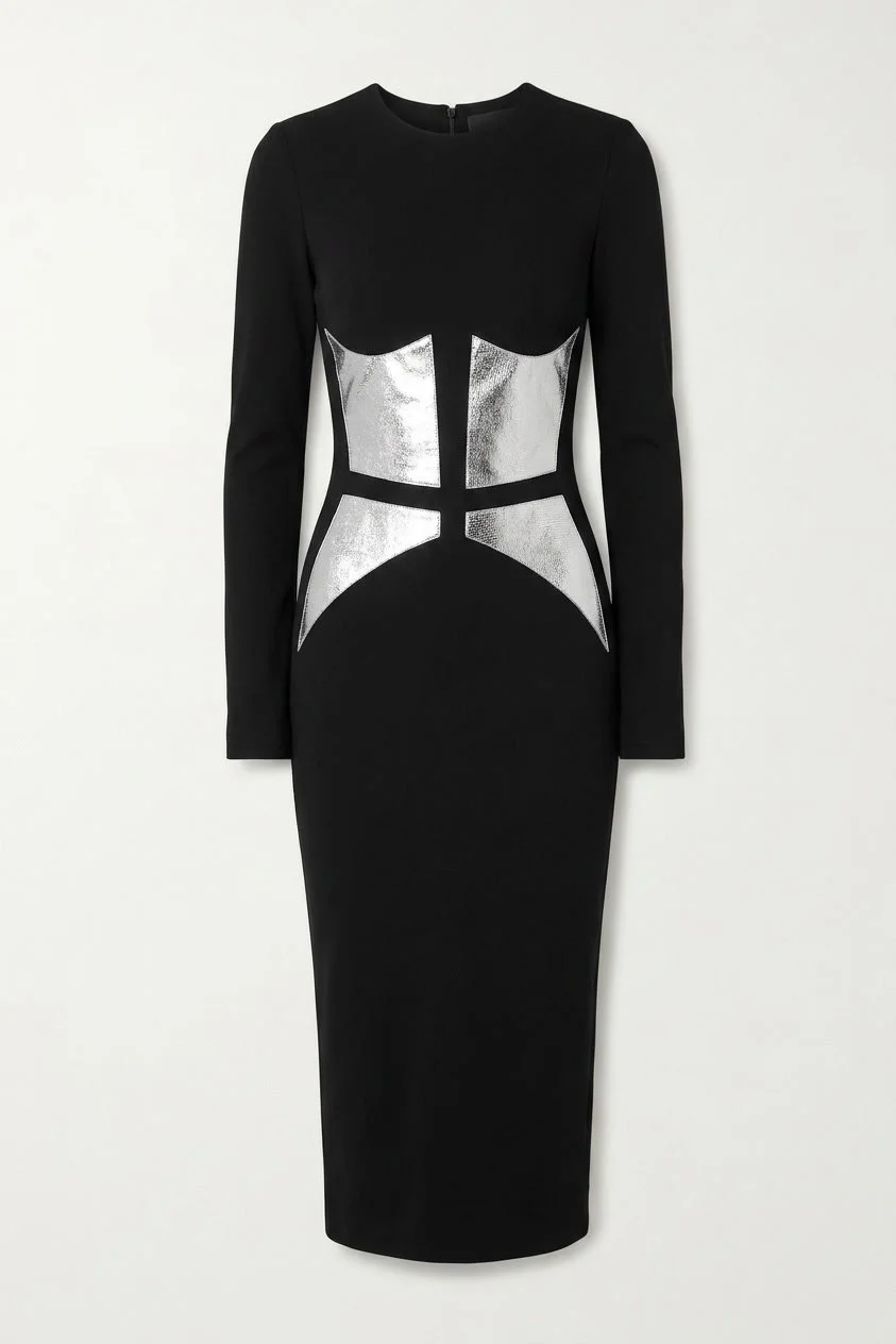 Cushnie Et Ochs Fall 2012 runway look 21. Navy stretch jersey and silver stretch leather inserts.