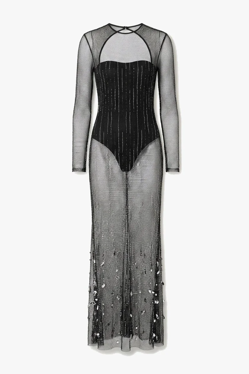 Cushnie Et Ochs Fall 2018 runway look 34. Black gown with bodysuit and mesh overlay with hand embroidred Swarovski crystals.