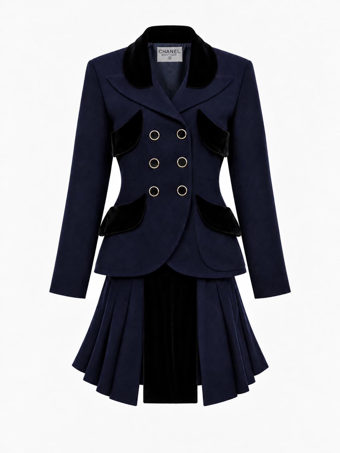 F/W 1991 Chanel Velvet Trimmed Indigo Skirt Suit. US Size 0.