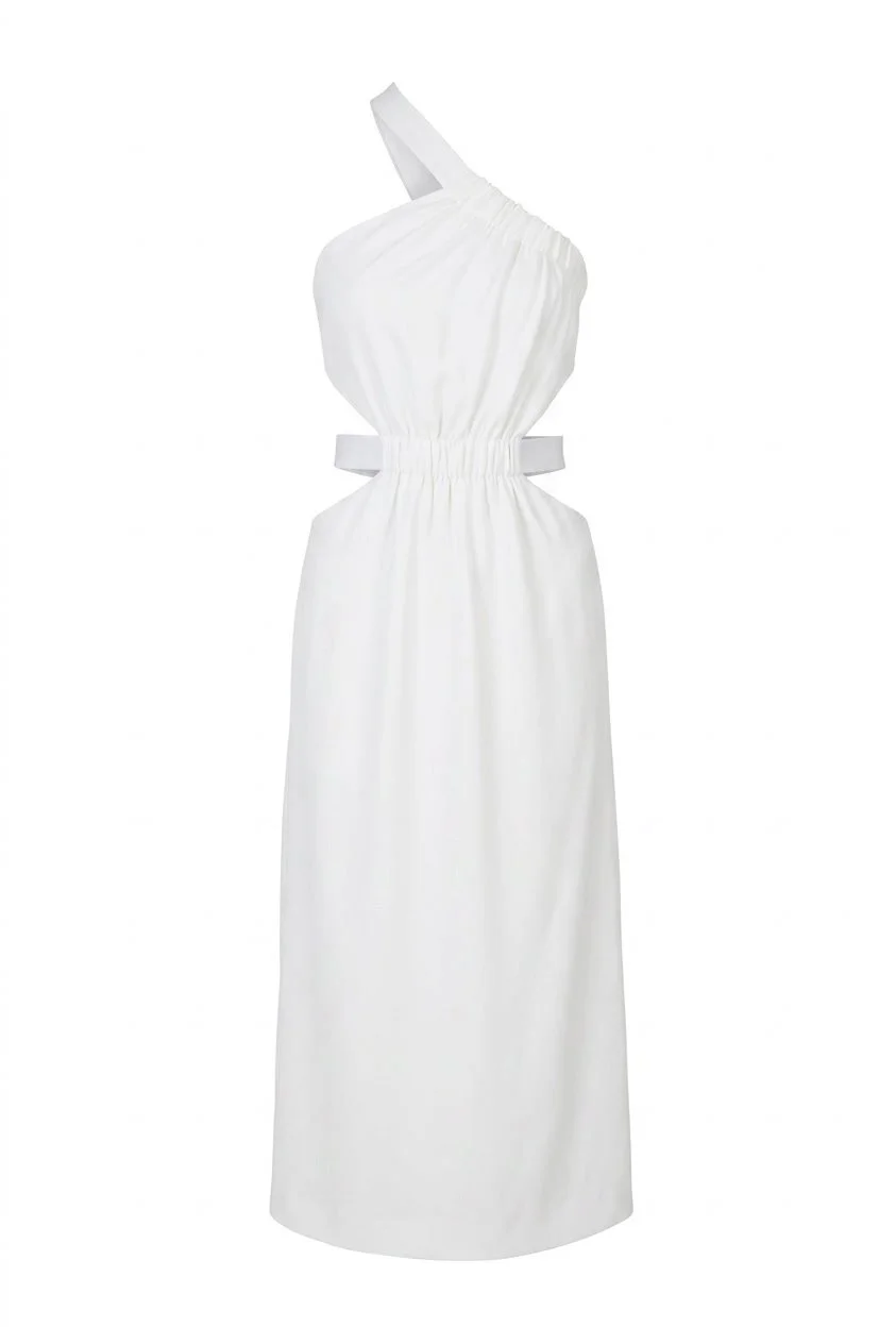 Cushnie Et Ochs Spring 2014 runway look 1. White crepe dress with cutouts and elastic.