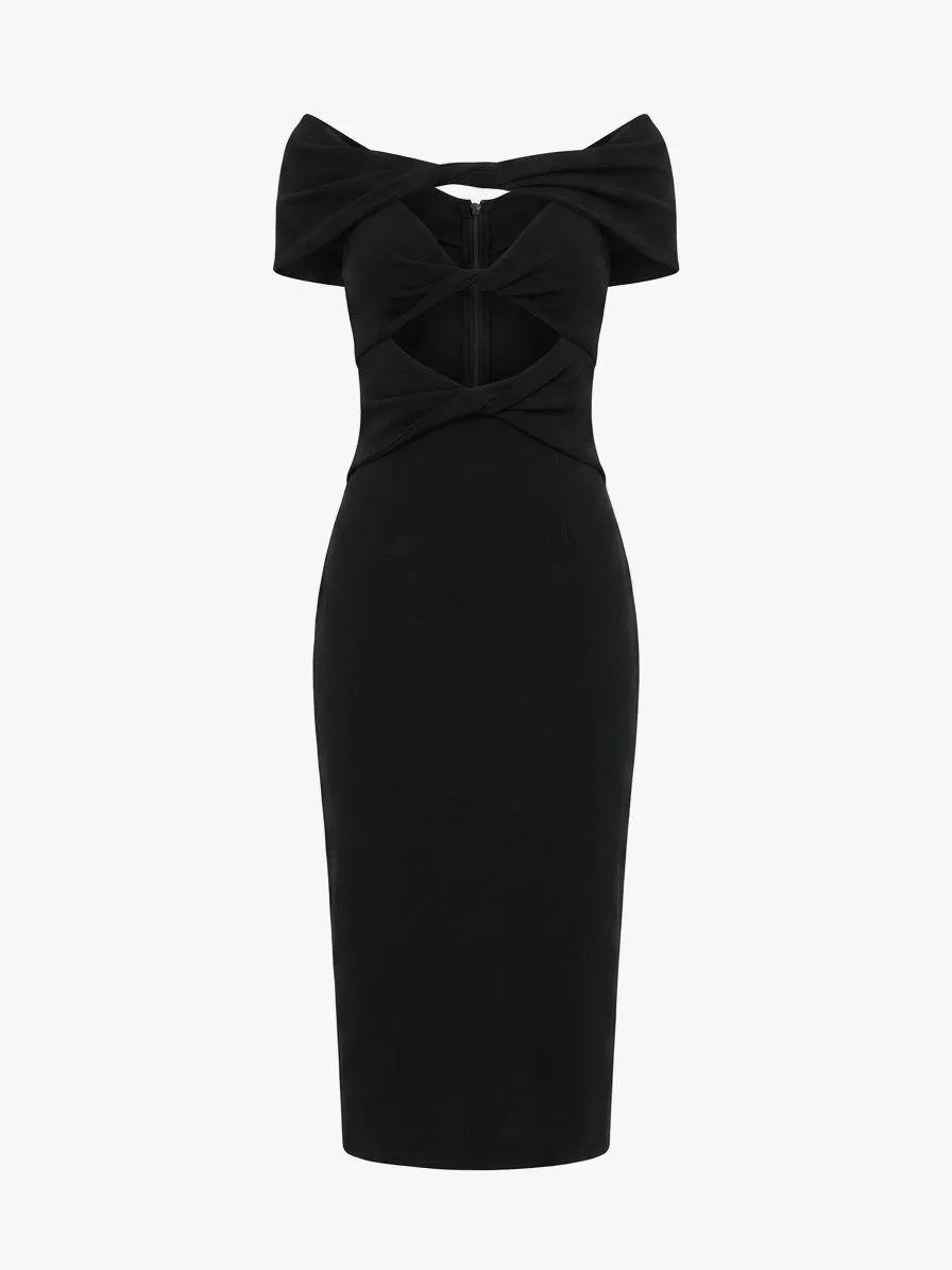 Cushnie Et Ochs Spring 2016 runway look 24. Black off-shoulder midi dress with twists. 