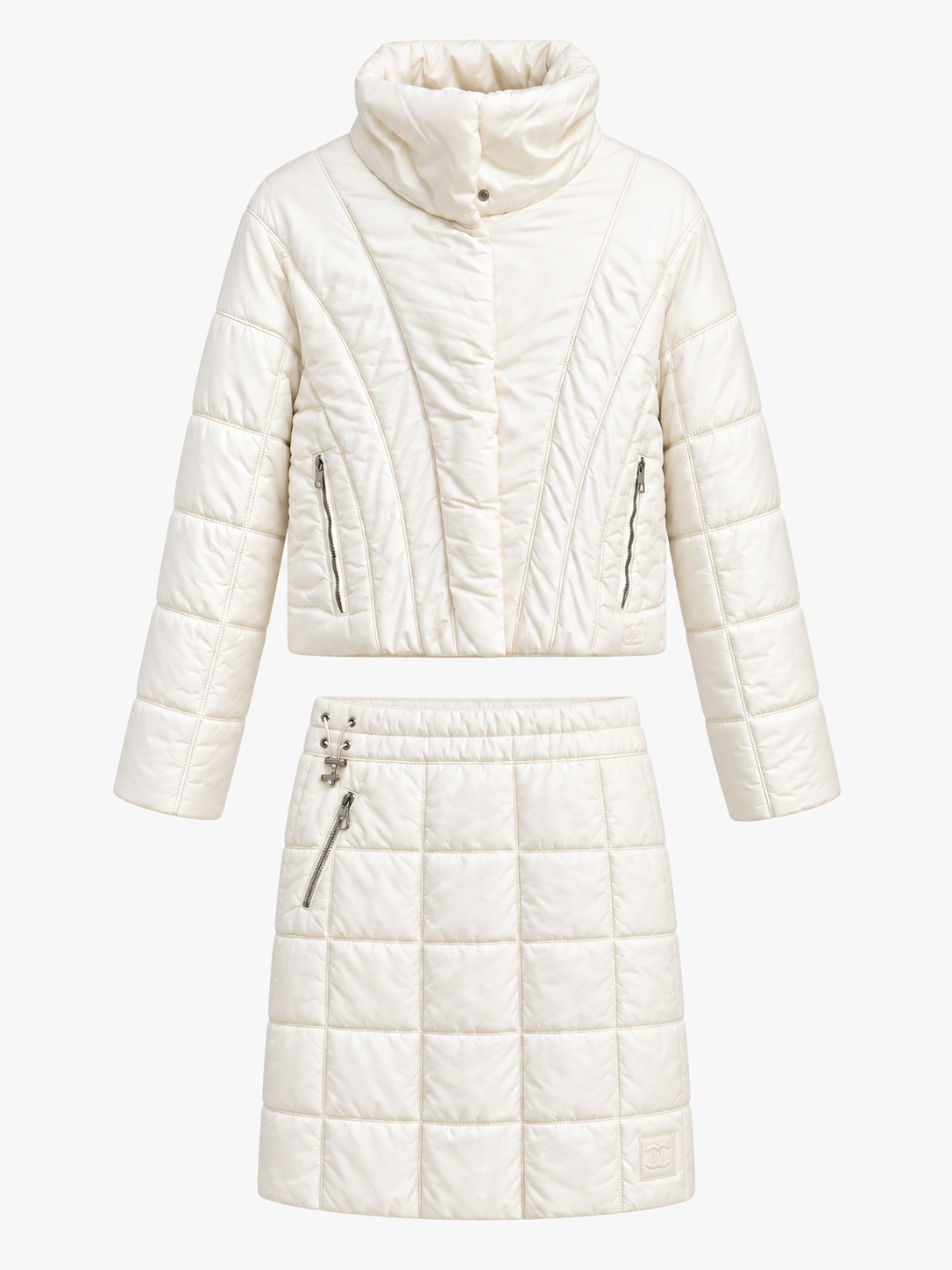 Chanel F/W 2000 White Puffer Coat + Skirt. Size US 4.