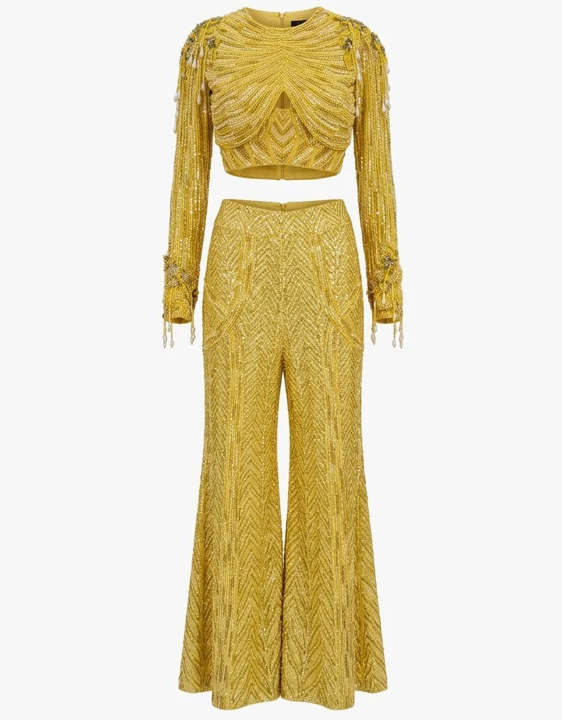 Manish Malhotra Yellow Beaded Three Piece Set. Size US 4.