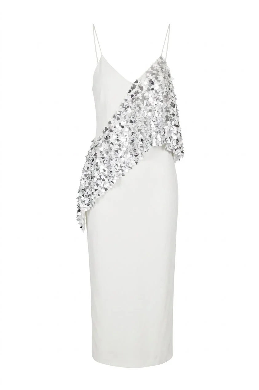 Cushnie Et Ochs Fall 2017 runway look 33. White silk crepe dress with silver and white triangle sequin embroidery.
