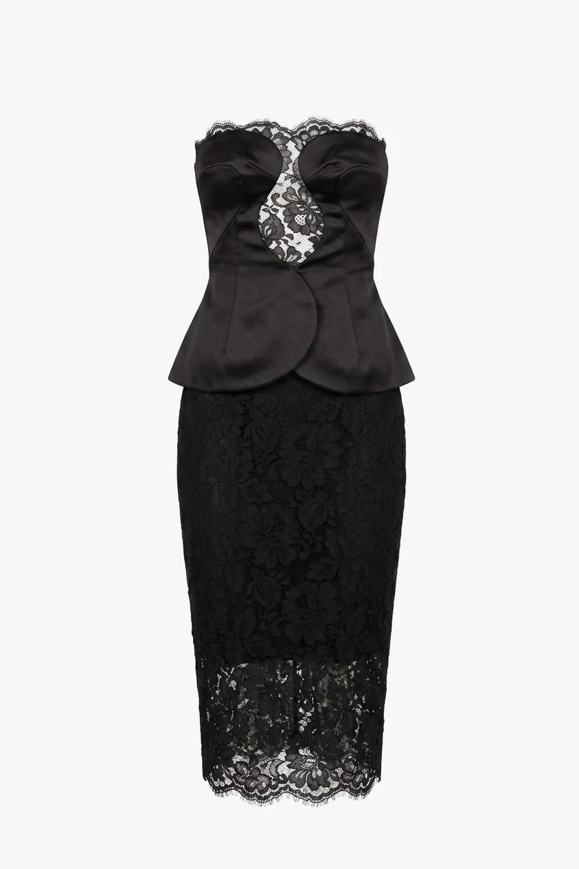 Cushnie Et Ochs Fall 2014 runway look 1. Black silk and lace midi dress.
