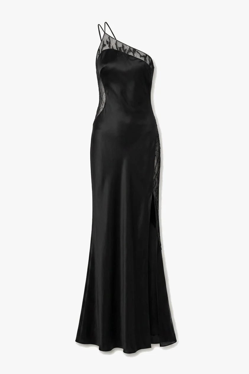 Cushnie Et Ochs Fall 2018 runway look 25. Black silk gown with mesh insert and hand embroidered beads.