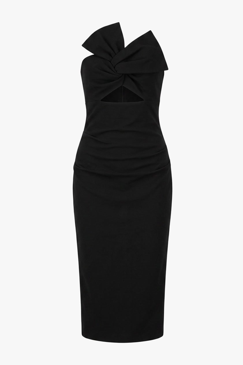 Spring 2016 runway look 21 black strapless midi-dress with front bow.