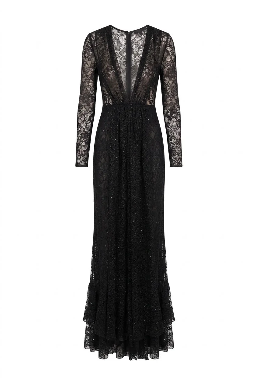 Cushnie Et Ochs Fall 2016 runway look 13. Black lace plunge gown.