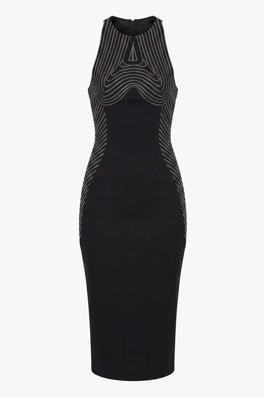 Cushnie Et Ochs Fall 2012 runway look 23. Black midi dress with hand embroidered zippers.