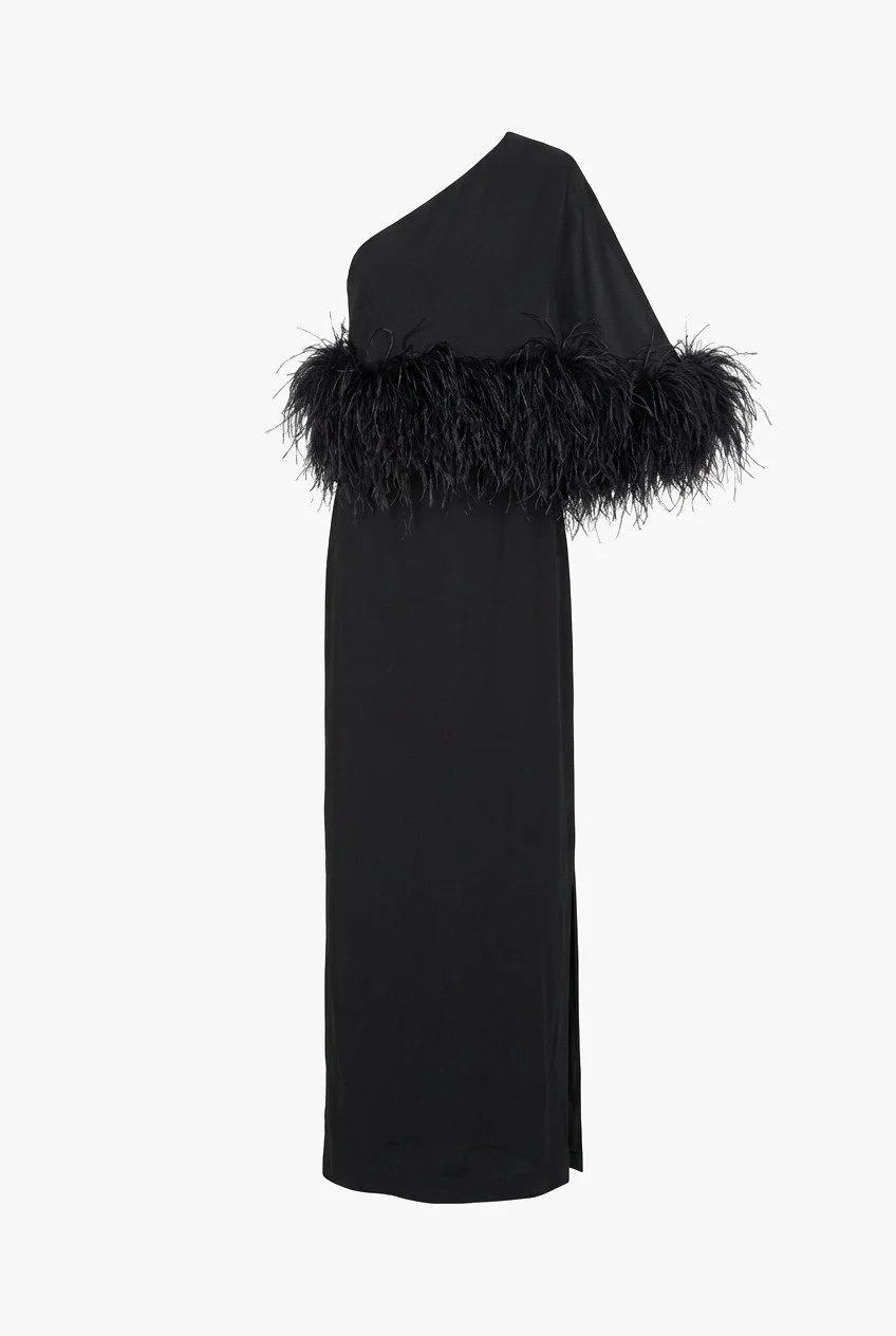 16 Arlington One-shoulder Feather-trimmed Black Gown. US Size 6.