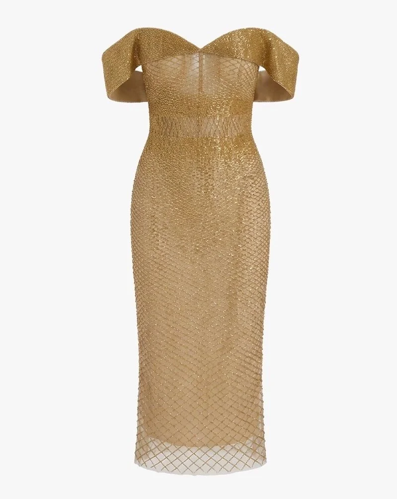 Custom Ali Karoui Haute Couture Gold Embellished Midi Dress. Size US 4.