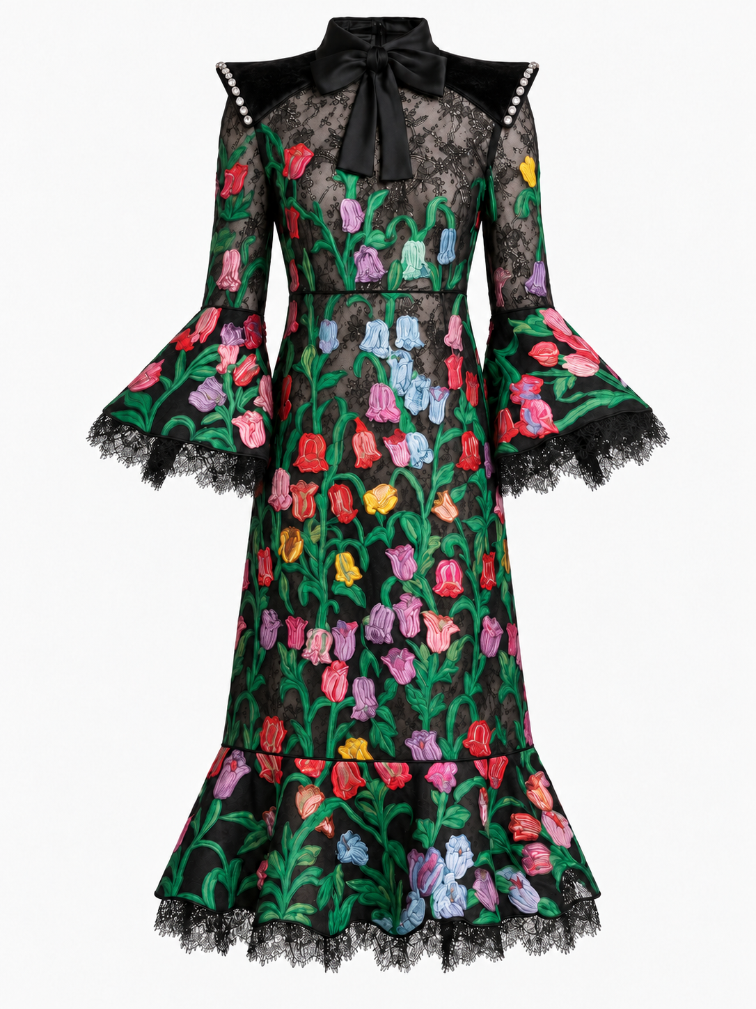 Gucci F/W 2017 Floral Lace Dress with Crystal Shoulder Pads. Size US 6.