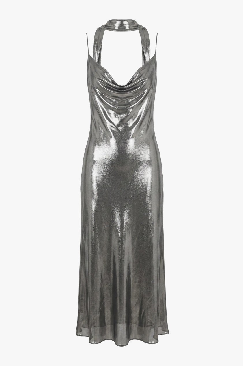 Cushnie Et Ochs Fall 2016 runway look 16. Silver silk lame bias drapped midi dress.