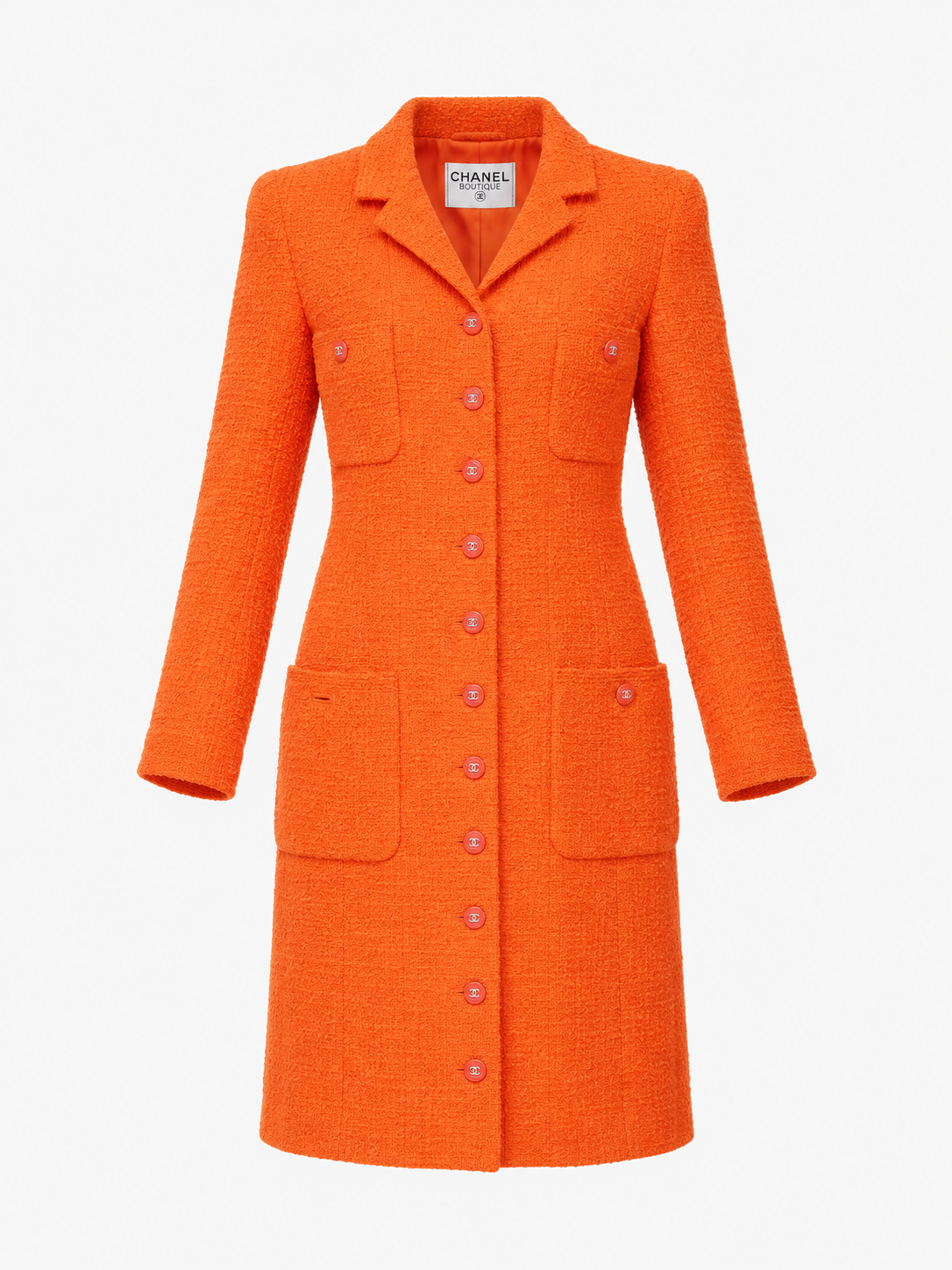 Chanel S/S 1996 Orange/Coral Tweed Peacoat with Logo Buttons. Size US 6.