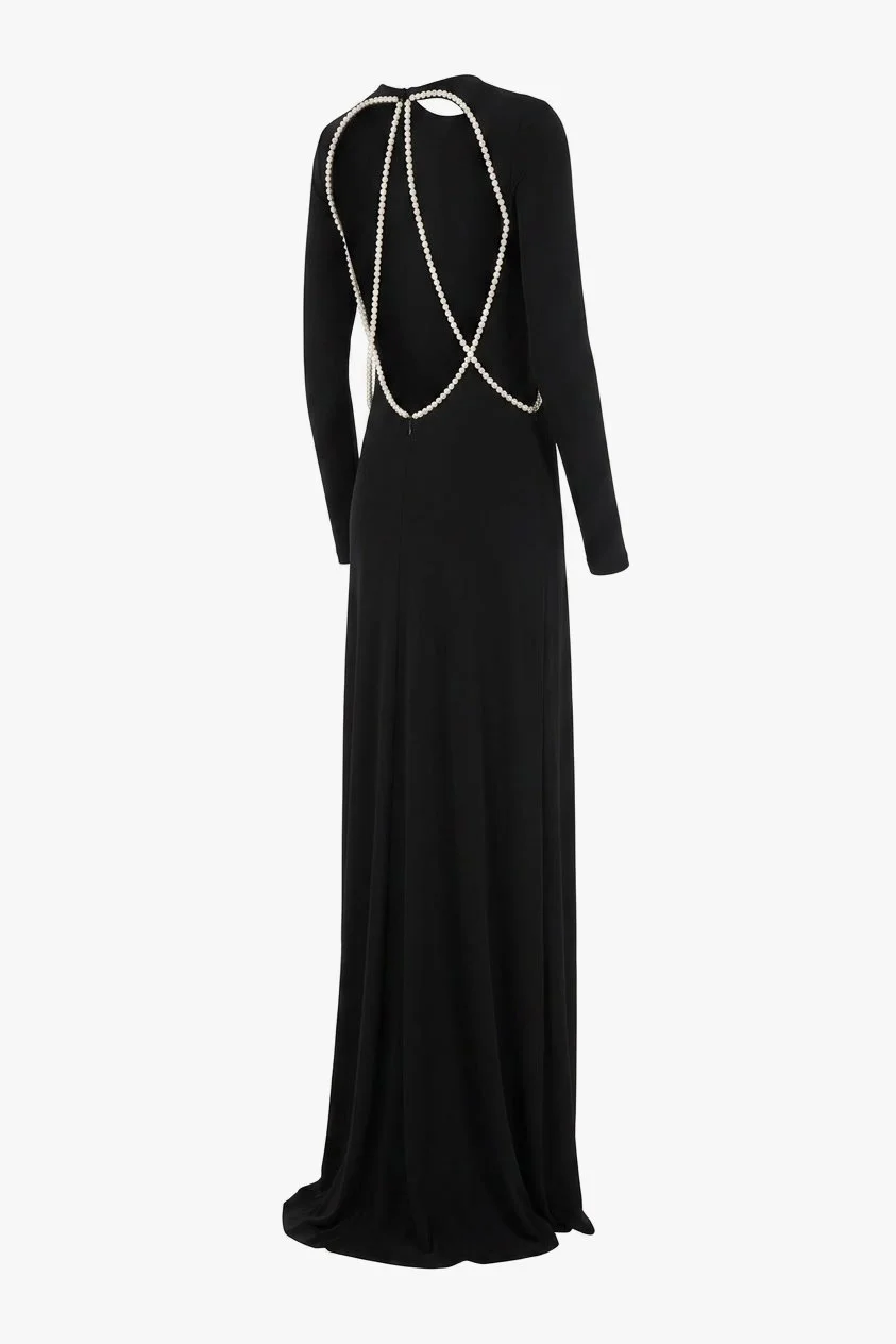 Cushnie Et Ochs Pre-Fall 2014 runway look 3. Black jersey gown with open back and draped Swarovski pearls.