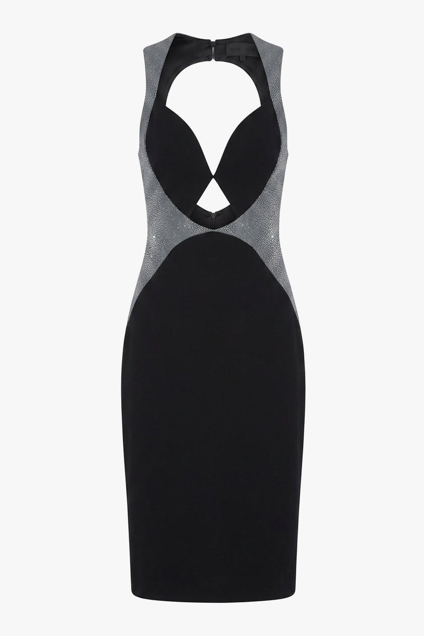 Cushnie Et Ochs Pre-Fall 2014 runway look 10. Black crepe dress with stingray print leather.
