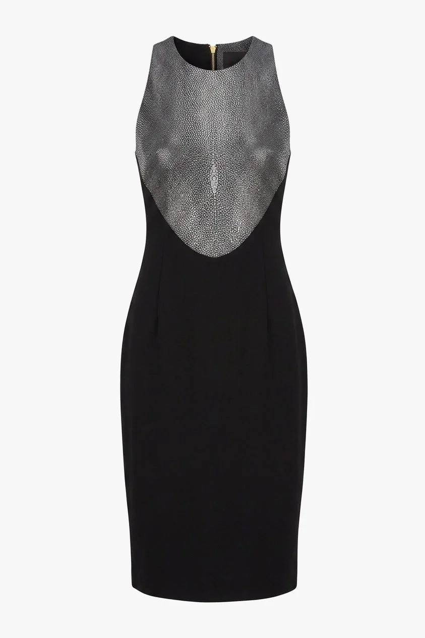 Pre-Fall 2014 runway look 10. Black crepe dress with stingray print leather. 