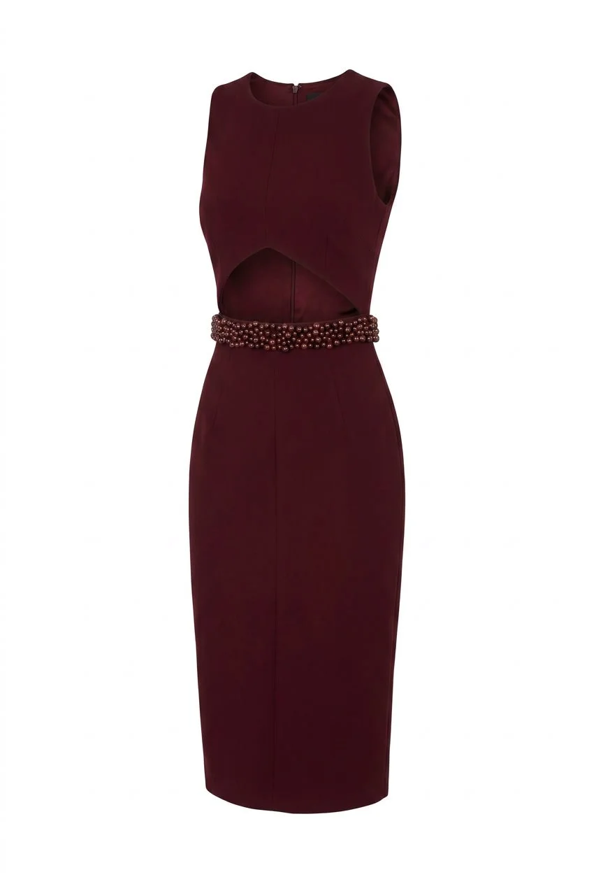Cushnie Et Ochs Pre-fall 2014 runway look 7. Dark red power viscose midi-dress with hand-embroidered Swarovski pearls at waist.