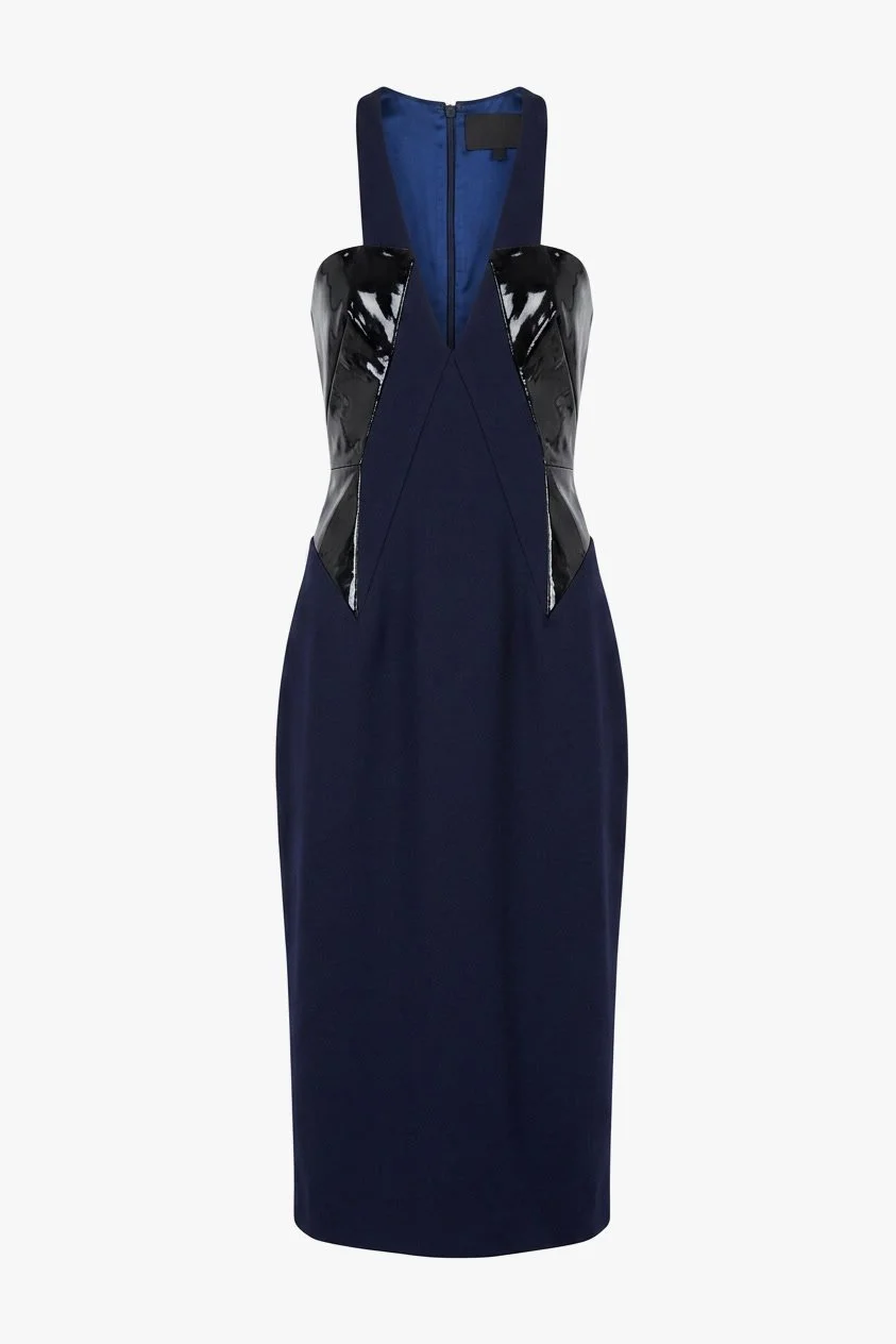 Cushnie Et Ochs resort 2014 runway look 14. Navy wool midi dress with patent leather bodice.