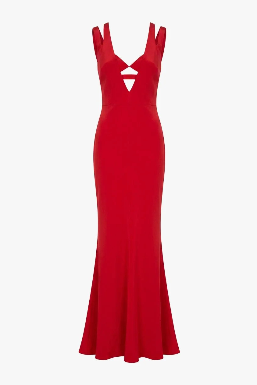 Cushnie Et Ochs Resort 2014 runway look 25. Red silk gown with cutout bra.