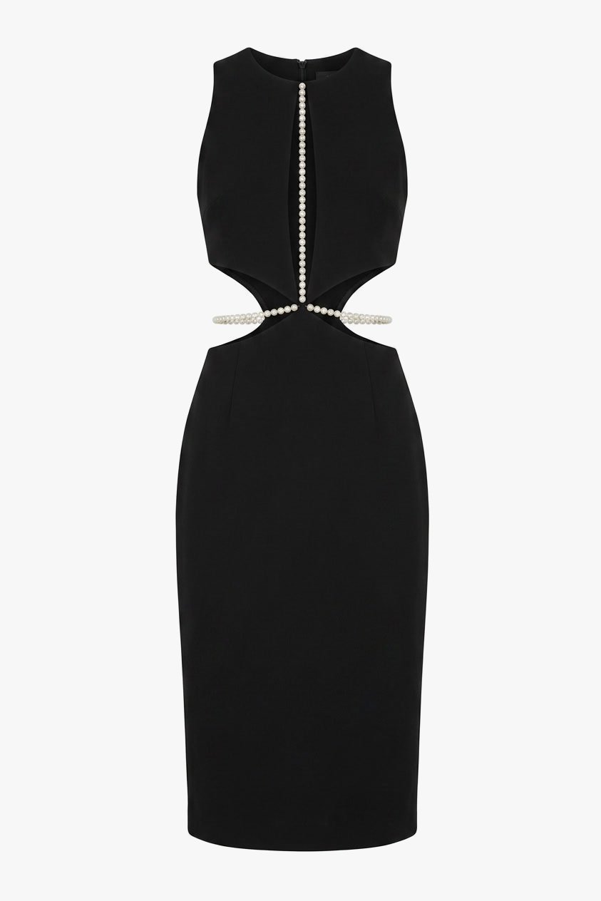Cushnie Et Ochs Pre-Fall 2014 runway look 2. Black midi-dress with cutouts and hand embroidered Swarovski pearls.