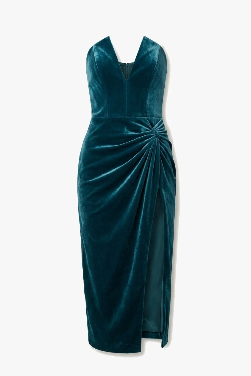 Cushnie Et Ochs Fall 2014 runway look 18. Teal velvet strapless midi dress with high slit.