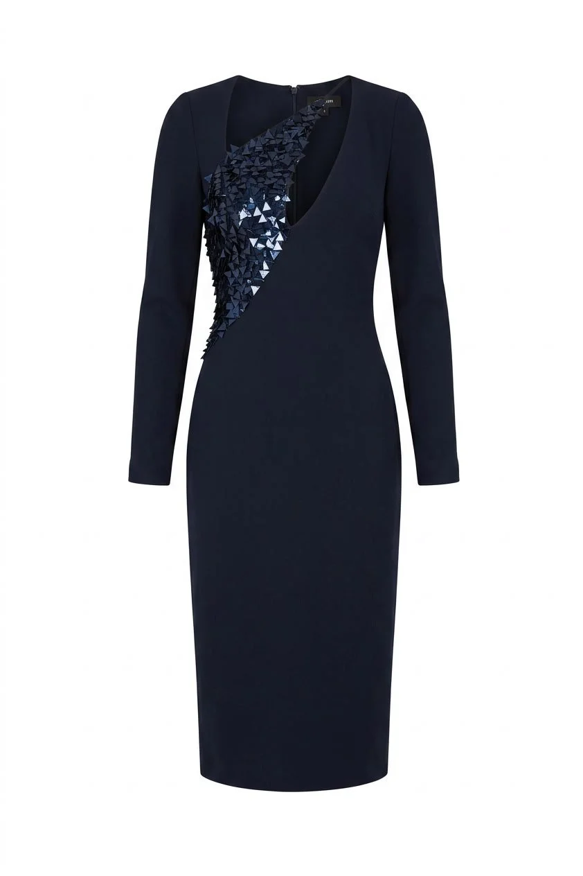 Cushnie Et Ochs Fall 2017 runway look 32. Navy crepe dress with hand embroidered triangle sequin detail. The Michelle Obama dress.
