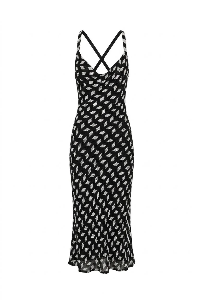 Cushnie Et Ochs Prefall 2017 runway look 21. Black and white hand embroidered bias midi dress.