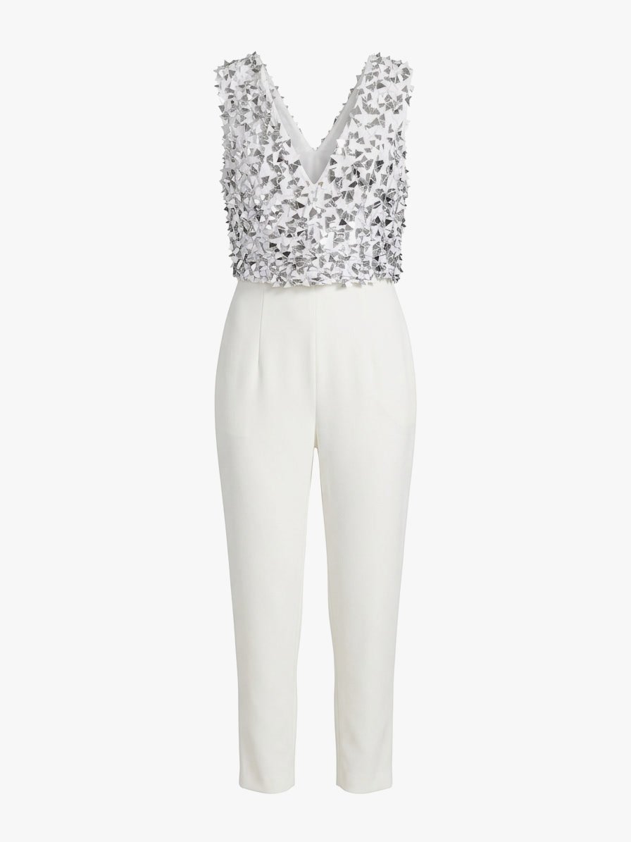 Cushnie Et Ochs Fall 2017 runway sample. White jumpsuit with hand-embroidered triangle sequin bodice. 