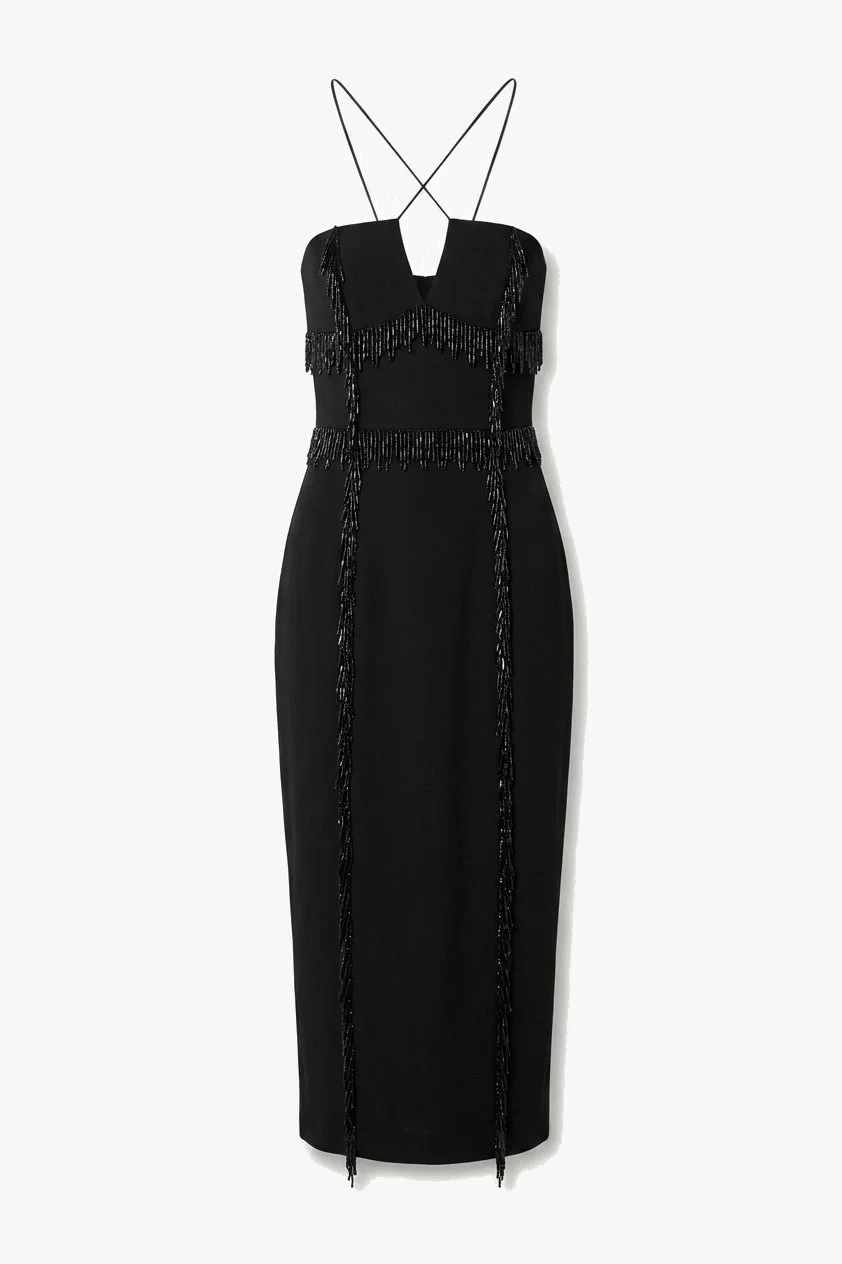 Cushnie Et Ochs Fall 2016 runway look 2. Black midi-dress with beaded fringe. 