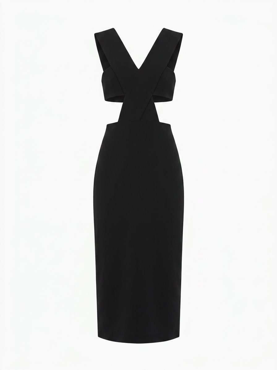 Cushnie Et Ochs Spring 2016 runway look 28. Black power viscose dress with cross front and back bow. 