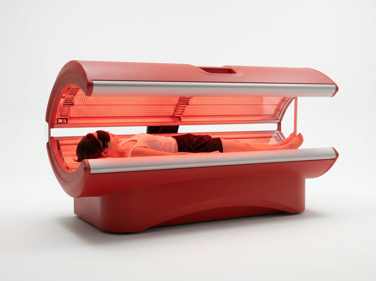A person lying in a red indoor tanning bed wearing sunglasses.