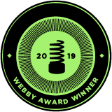 Webby Award Winner badge from 2019 with a black spring coil in the center surrounded by green text and design elements.