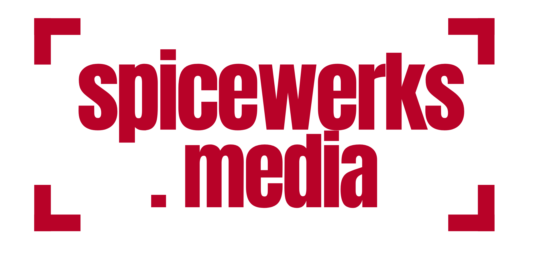 The text 'slicewerks media' in large red font, surrounded by four red corner brackets on a white background.