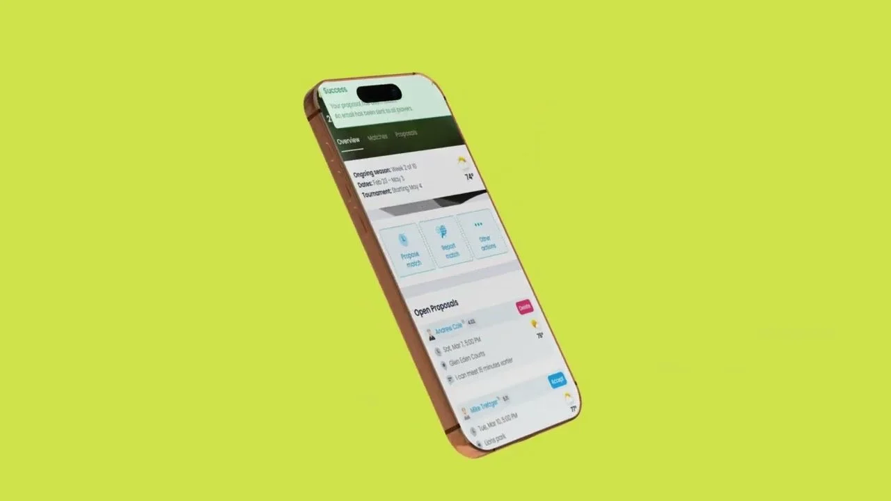 Smartphone displaying a project management app with proposals and tasks on a yellow background.