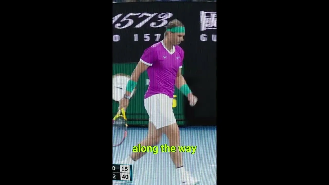 Female tennis player in purple shirt and white skirt walking on a tennis court, holding a yellow tennis racquet, with overlaid green text that says "along the way."