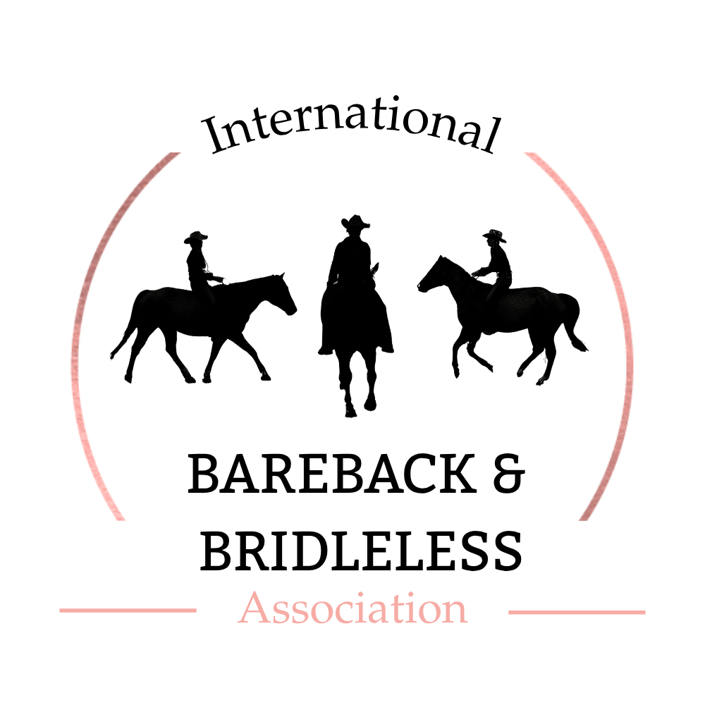 Logo for the International Bareback & Bridless Association featuring three silhouette figures of riders on horses, with the central figure on horseback riding towards the viewer and the other two on horseback riding from the sides.