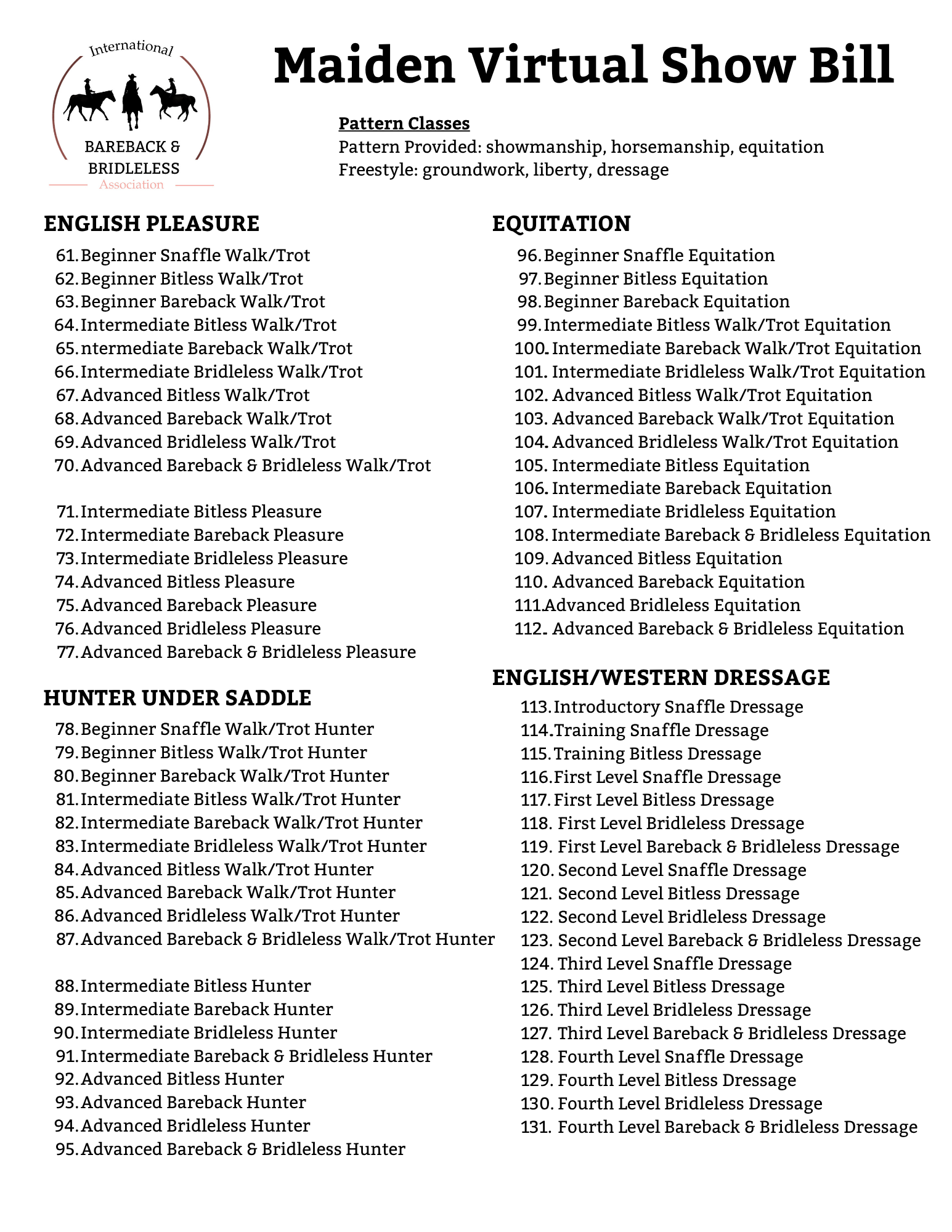 Document titled 'Maiden Virtual Show Bill' listing pattern and freestyle classes for a horse show, organized into sections for 'English Pleasure,' 'Hunter Under Saddle,' and 'Western Dressage,' with class numbers and descriptions.