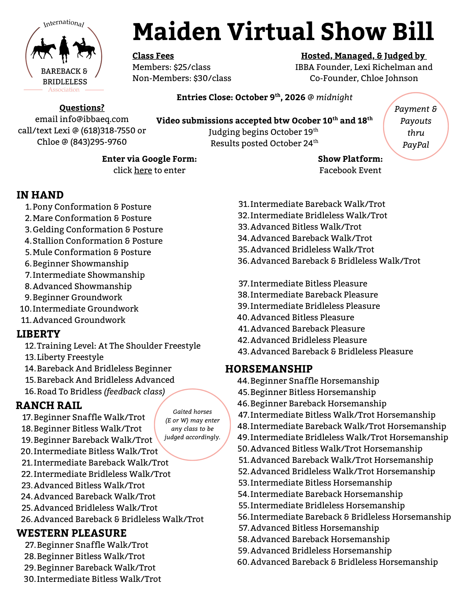 A flyer for the Maiden Virtual Show Bill by the Bareback & Bridless Association. It includes details about class fees, judging dates, entry methods, and various categories for horse conformation, showmanship, groundwork, liberty, ranch rail, and horsemanship training levels, with specific class numbers and descriptions.