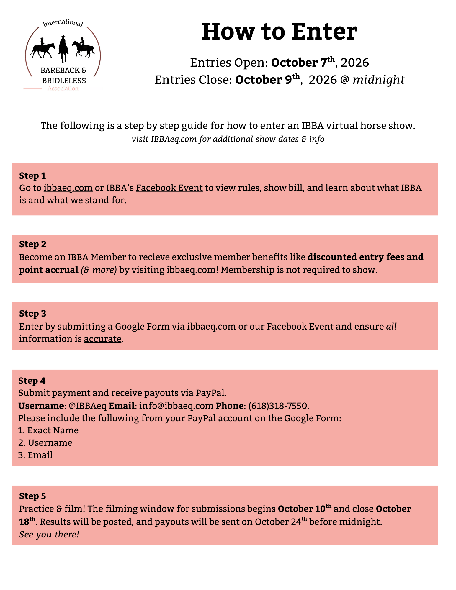 An informational flyer from the Bareback & Bridless Association detailing steps for entering an IBBA virtual horse show, with dates, instructions, and submission details.