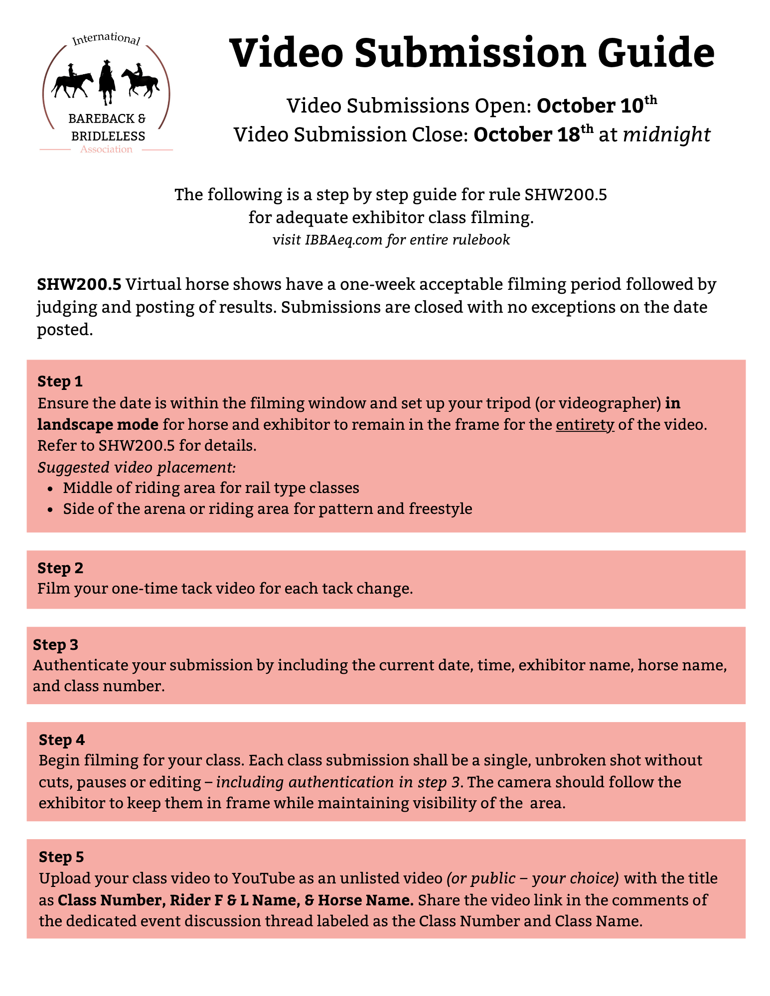 A guide for submitting videos for an online horse event organized by the Bareback & Bridless Association. It includes steps for filming, authorizing, and uploading videos, with deadlines in October. The guide emphasizes landscape mode, authentic shots, and proper labeling.