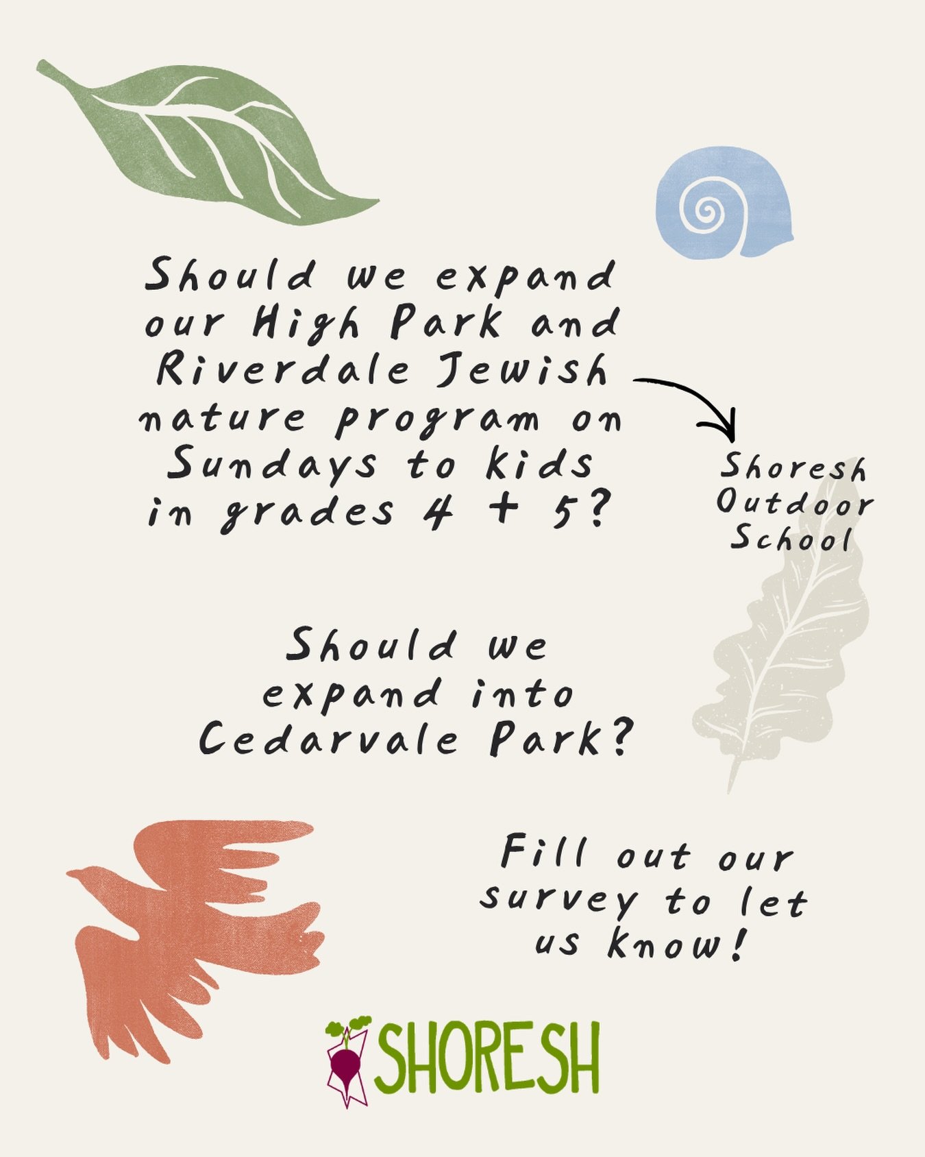 We&rsquo;re wondering whether we should expand our Outdoor School offerings to older kids in grades 4 &amp; 5&hellip; and whether we should run Outdoor School in Cedarvale Park 🤔

Interested? Please fill out the surveys to let us know! 

📣 Attentio