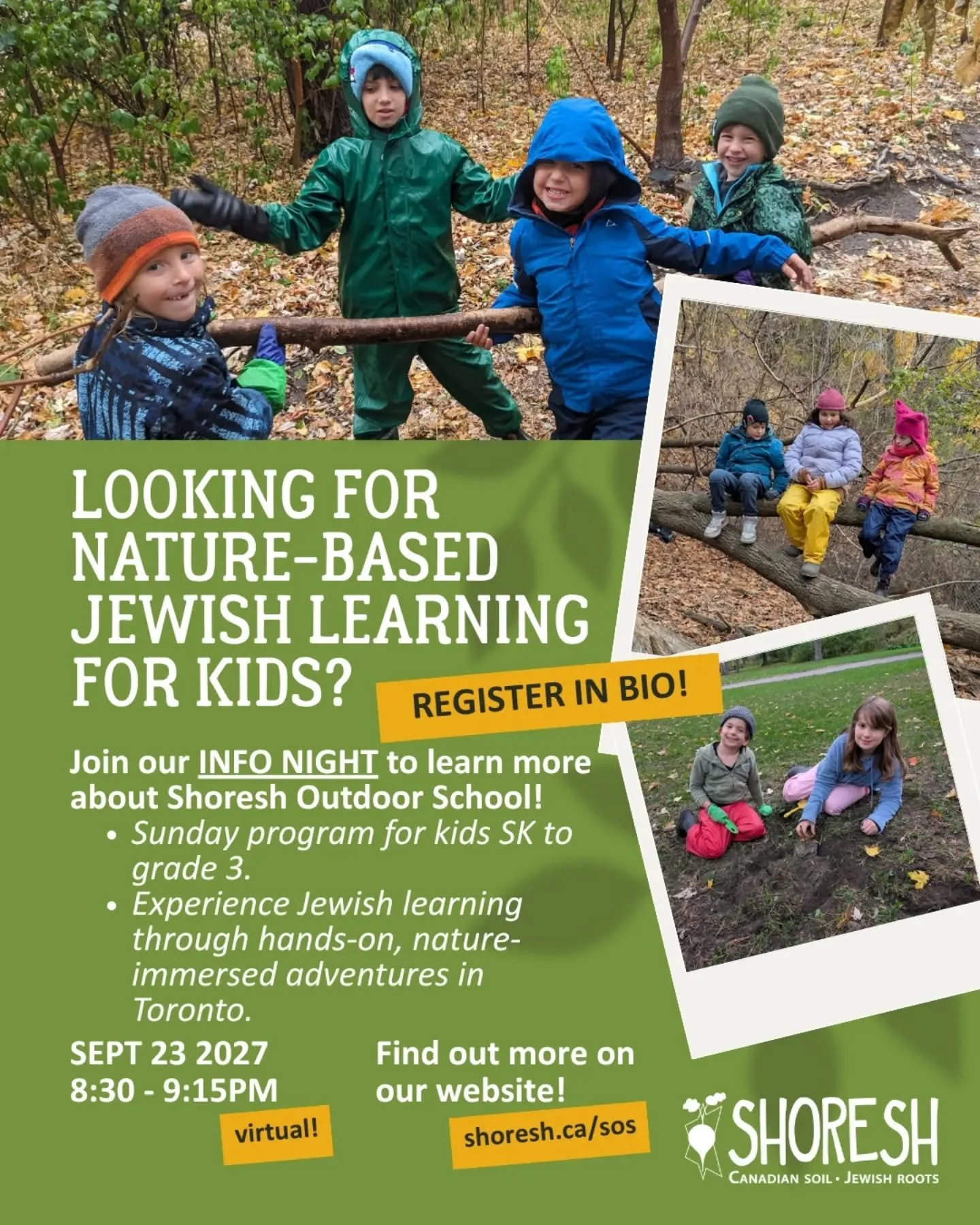 Join us on September 23rd for a VIRTUAL INFO NIGHT! Come play and learn outside together this Fall at Outdoor School 🍂🪲🍁
Jewish nature education every Sunday afternoon in High Park or Riverdale Park! 

Registration is open until October 2nd for ki