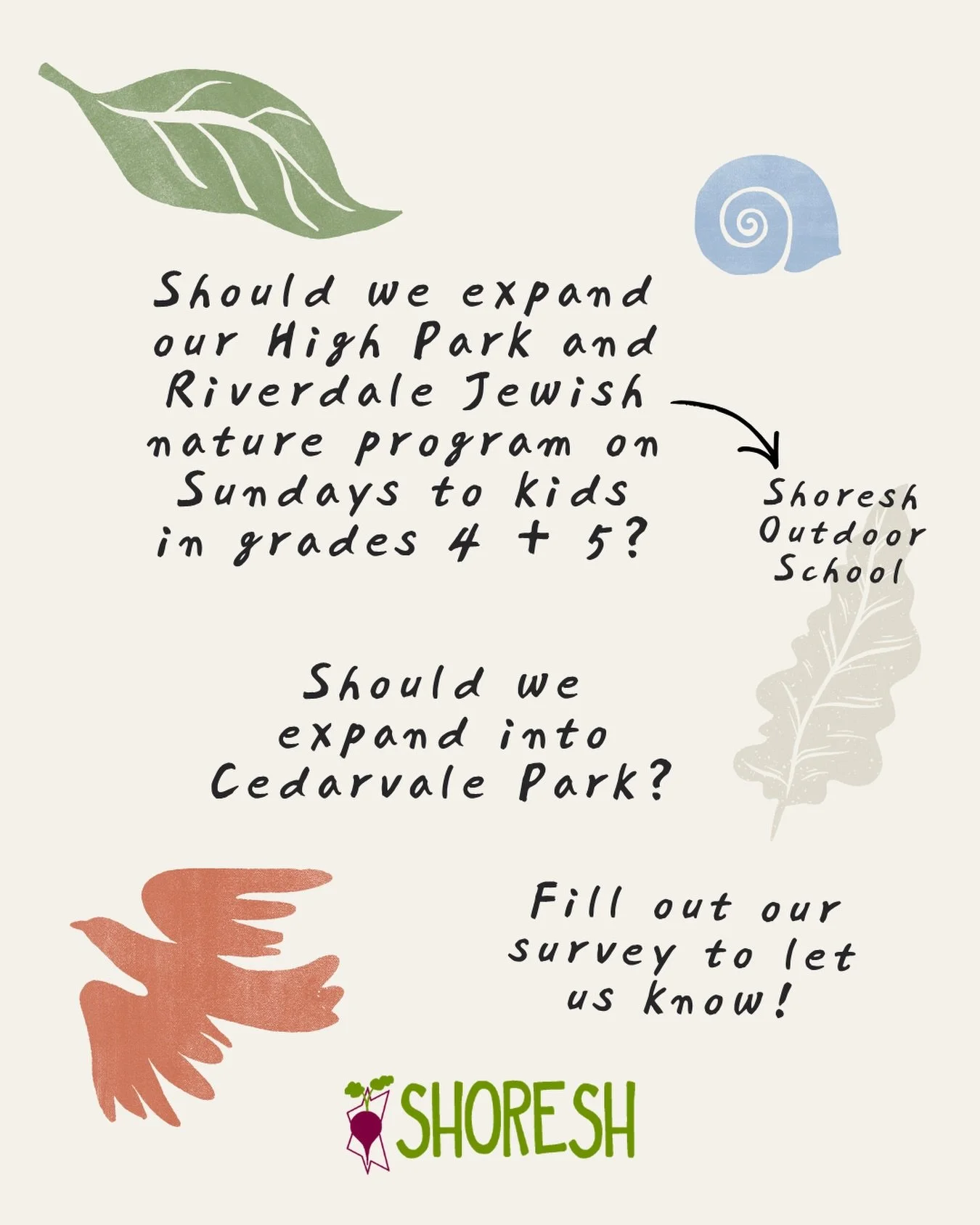 We&rsquo;re wondering whether we should expand our Outdoor School offerings to older kids in grades 4 &amp; 5&hellip; and whether we should run Outdoor School in Cedarvale Park 🤔

Interested? Please fill out the surveys to let us know! 

📣 Attentio