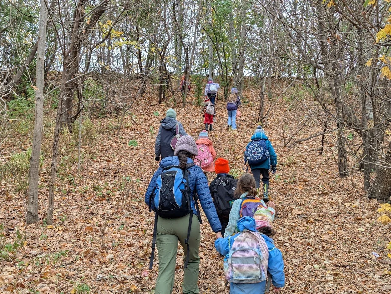 Kids and educators walking through a fall forest blanketed with fallen orange leaves.