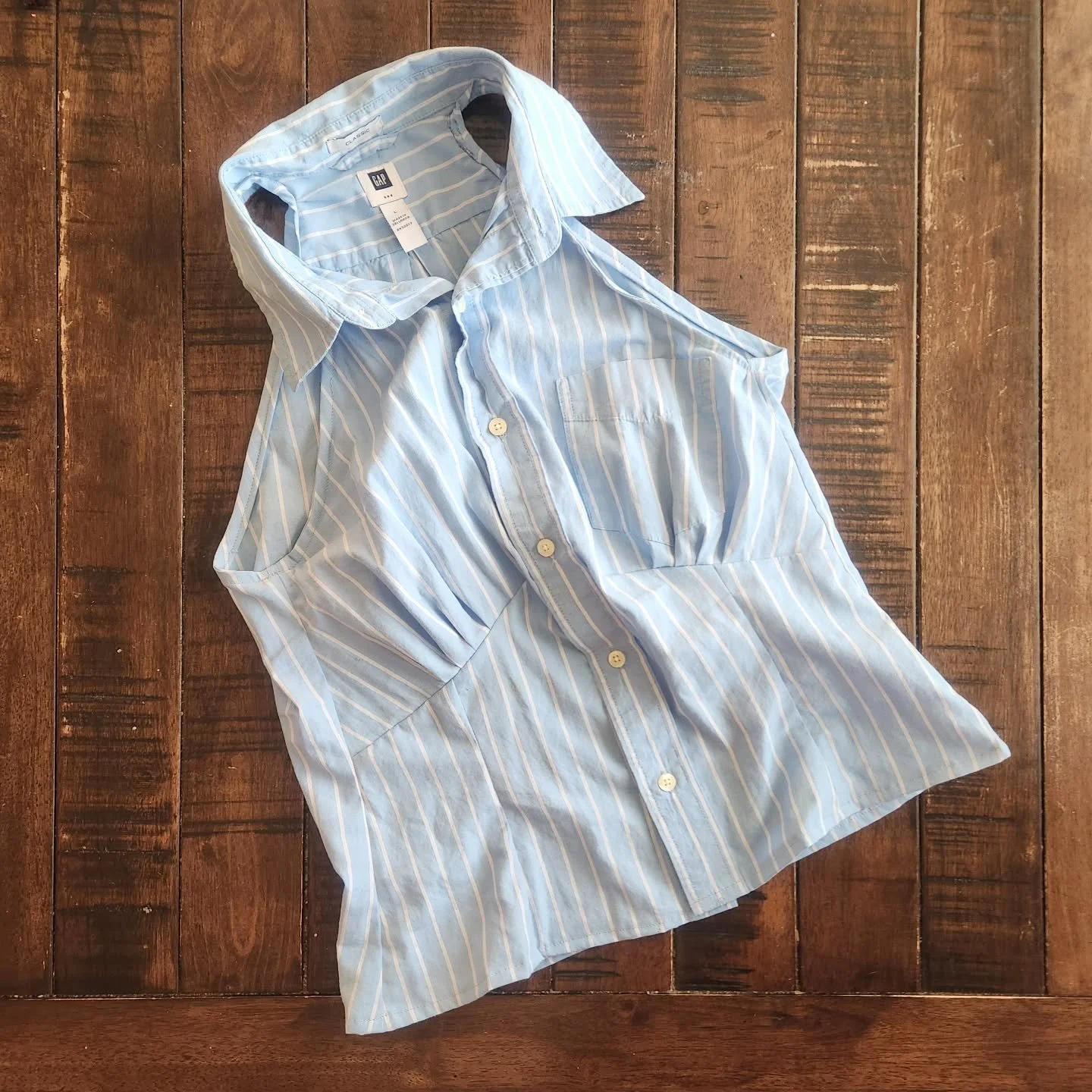 Old shirt, new life.  Upcycled men's buttondown reimagined for women.