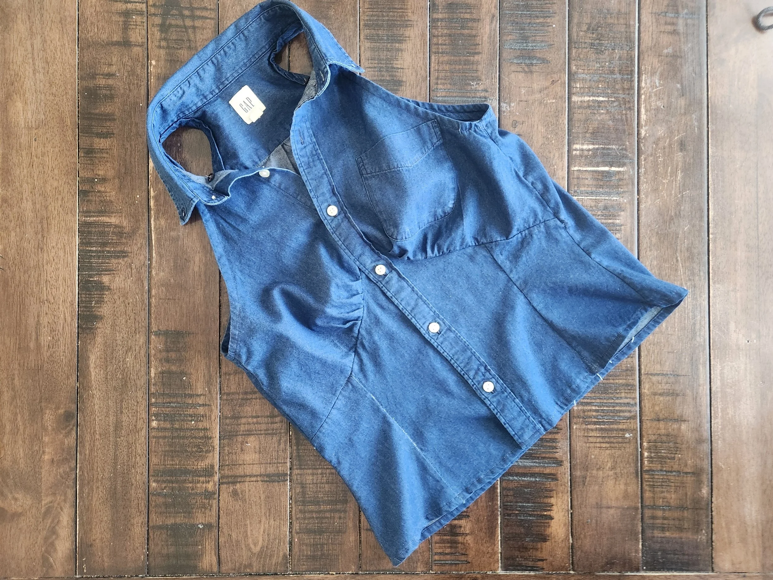 Of Character upcycled blue soft denim men's button down women's sleaveless top with bust detail.jpg
